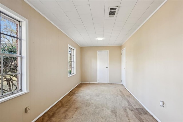 carpeted spare room featuring ornamental molding