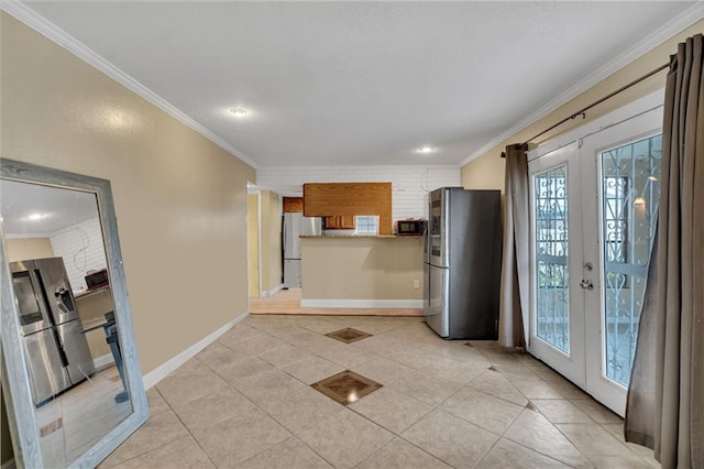 kitchen featuring stainless steel fridge with ice dispenser, crown molding, french doors, and stainless steel refrigerator