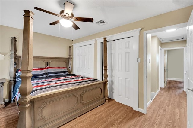 bedroom featuring ceiling fan and light hardwood / wood-style flooring