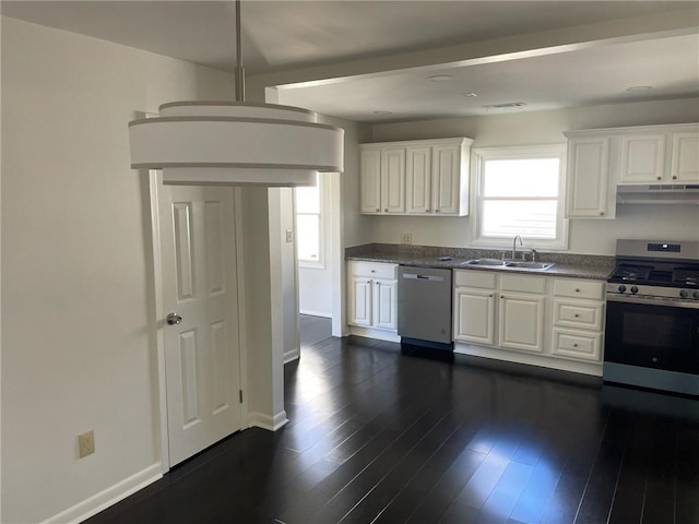 kitchen with white cabinetry, stainless steel appliances, dark hardwood / wood-style flooring, and sink