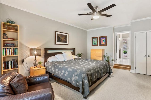 bedroom with ceiling fan, crown molding, and light colored carpet