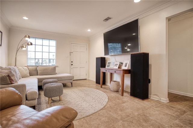 living room with crown molding