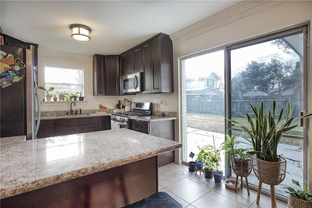 kitchen with a healthy amount of sunlight, appliances with stainless steel finishes, sink, and dark brown cabinets