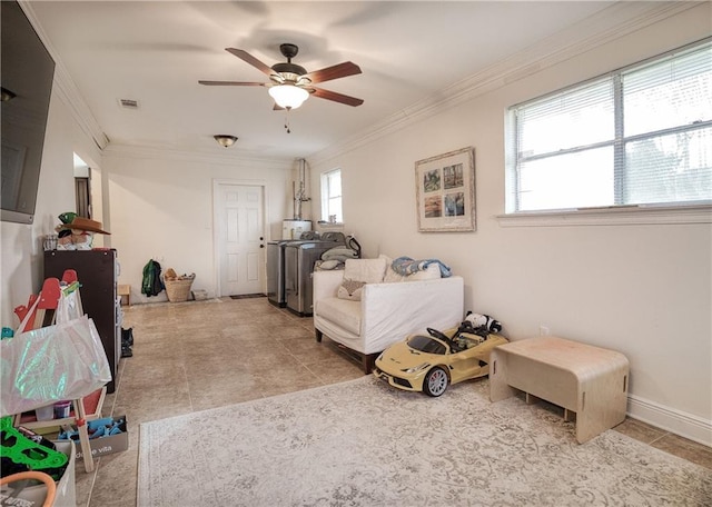 interior space featuring ceiling fan, crown molding, and light tile patterned flooring