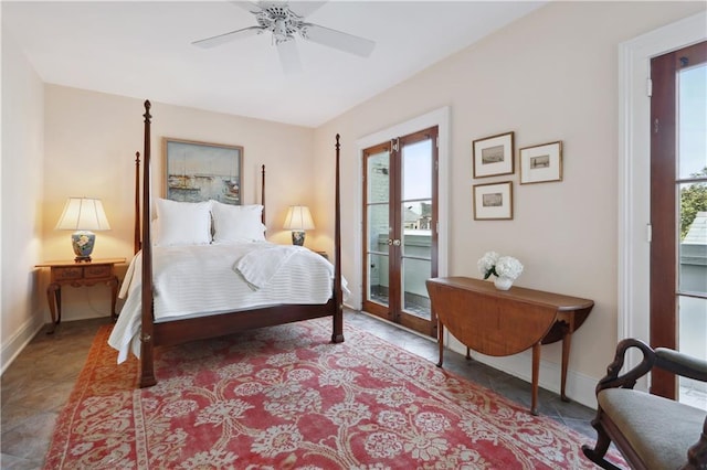 bedroom with access to exterior, a ceiling fan, baseboards, and tile patterned floors