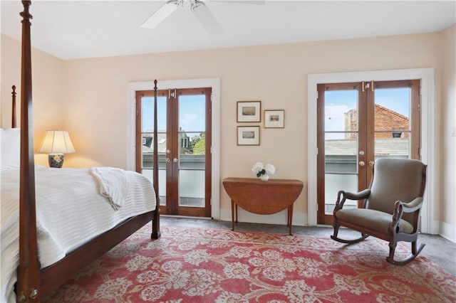 bedroom with access to exterior, french doors, a ceiling fan, and baseboards