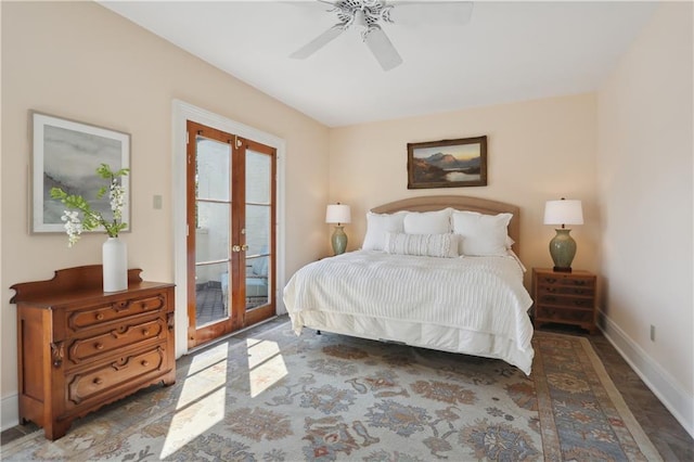 bedroom featuring access to exterior, french doors, a ceiling fan, and baseboards