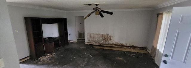 living room with ceiling fan and ornamental molding