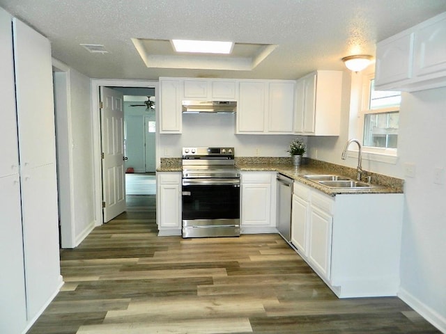 kitchen featuring stainless steel appliances, a raised ceiling, a textured ceiling, white cabinets, and sink