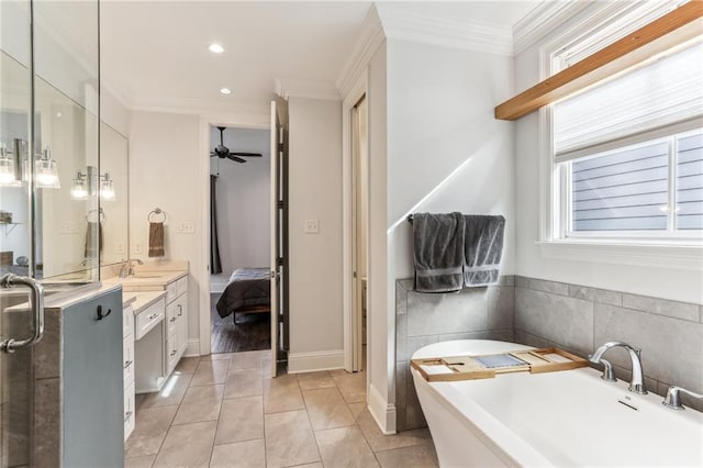 bathroom featuring ceiling fan, tile patterned flooring, plenty of natural light, and ornamental molding