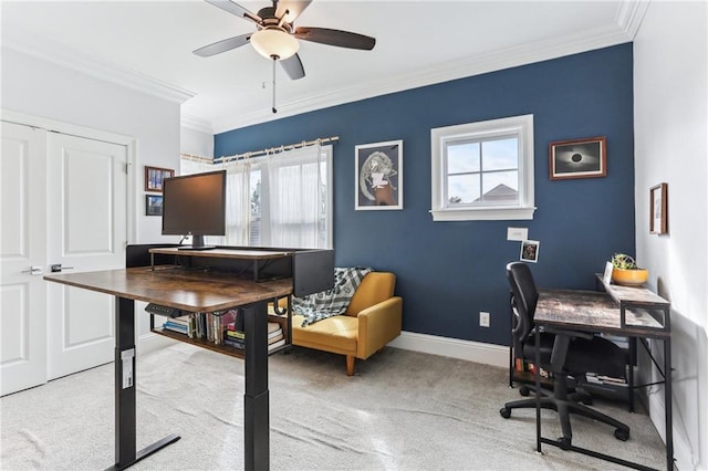 home office with ceiling fan and ornamental molding