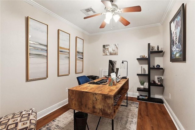 home office with ceiling fan, dark hardwood / wood-style flooring, and ornamental molding