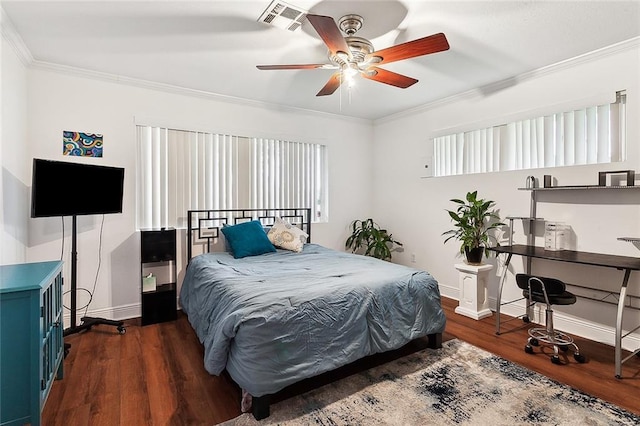 bedroom featuring ceiling fan, dark wood-type flooring, and crown molding