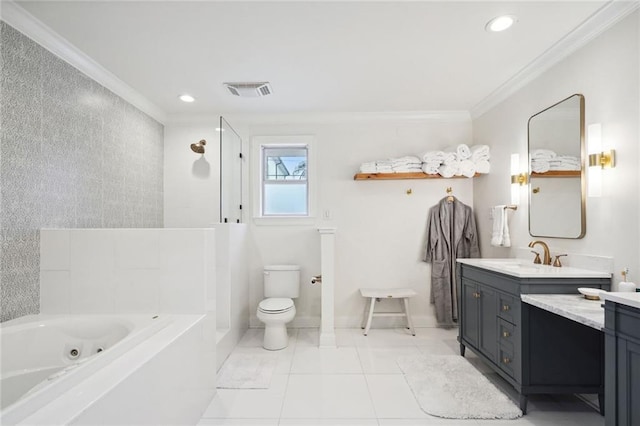 bathroom with tile patterned floors, vanity, crown molding, and a tub to relax in