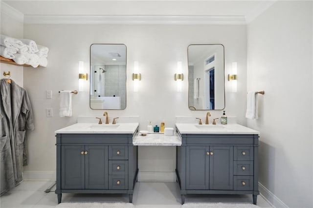 bathroom featuring ornamental molding, tile patterned floors, a shower, and vanity