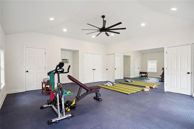 workout area with lofted ceiling and ceiling fan