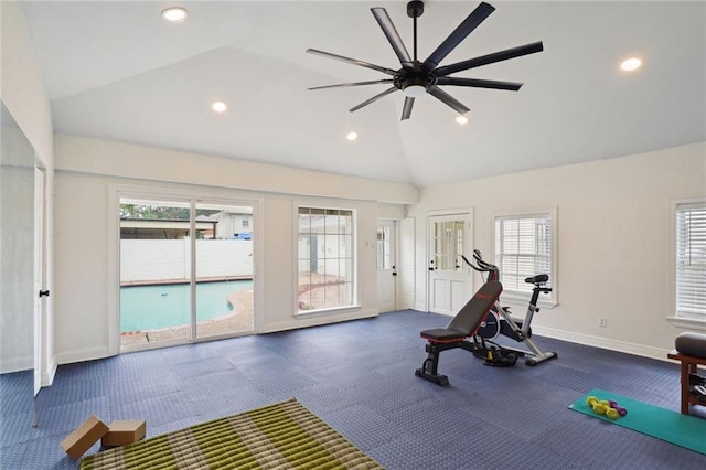 exercise room featuring ceiling fan and lofted ceiling