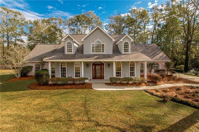 cape cod house with a front lawn and a porch