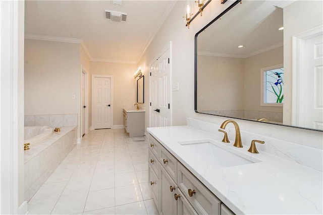 bathroom featuring tiled bath, vanity, tile patterned flooring, and ornamental molding