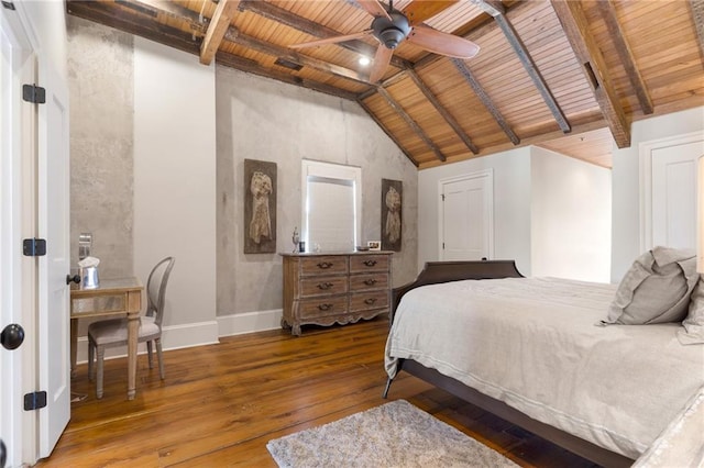 bedroom featuring wood ceiling, ceiling fan, hardwood / wood-style floors, and vaulted ceiling with beams