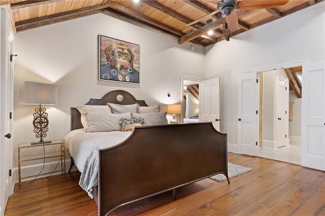 bedroom with lofted ceiling with beams, wood-type flooring, wooden ceiling, and ceiling fan