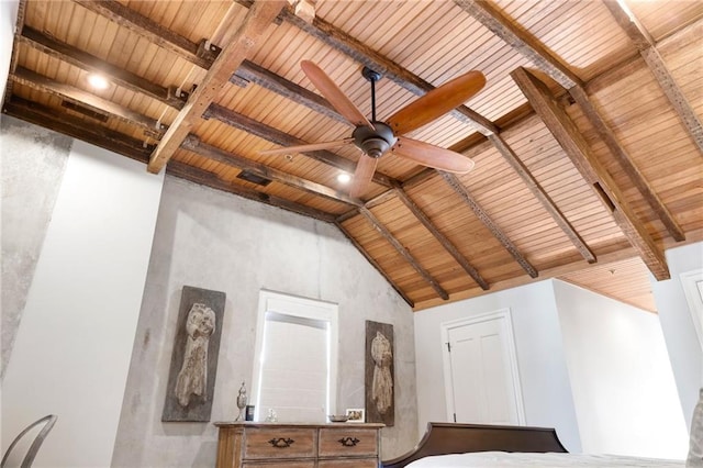 unfurnished bedroom featuring vaulted ceiling with beams and wood ceiling