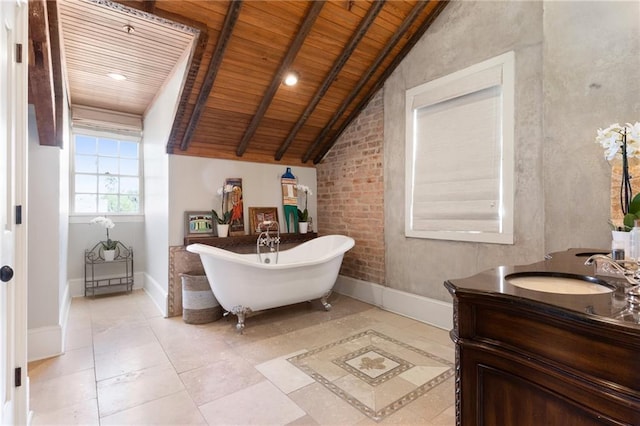 bathroom with lofted ceiling, vanity, a bathtub, and wooden ceiling