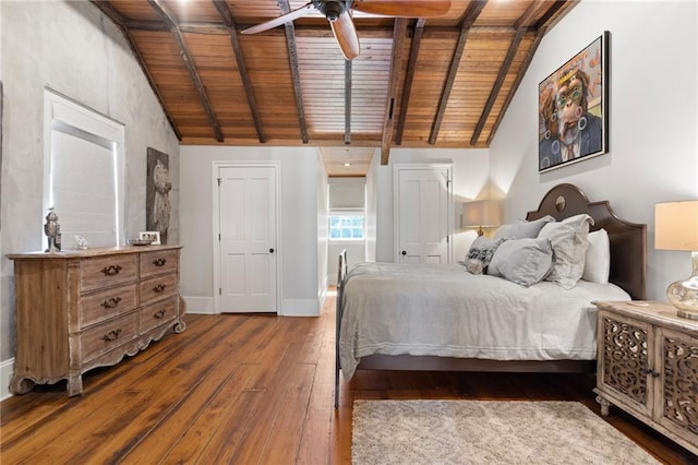 bedroom with hardwood / wood-style floors, beam ceiling, wooden ceiling, and high vaulted ceiling