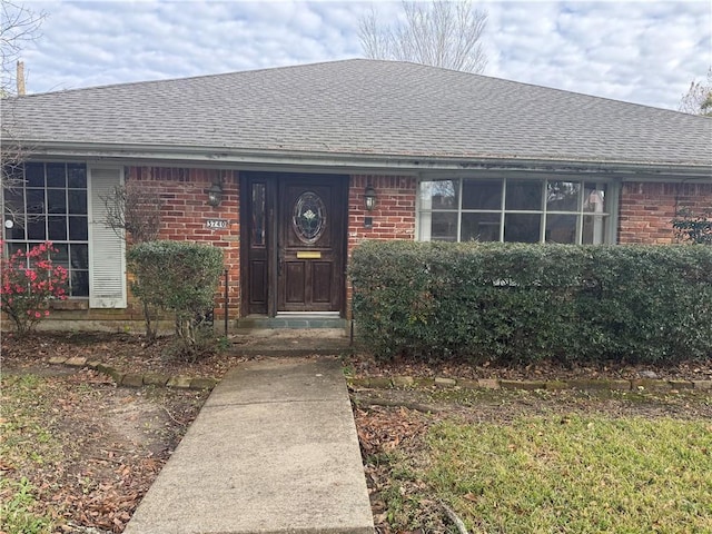 view of exterior entry with a shingled roof and brick siding