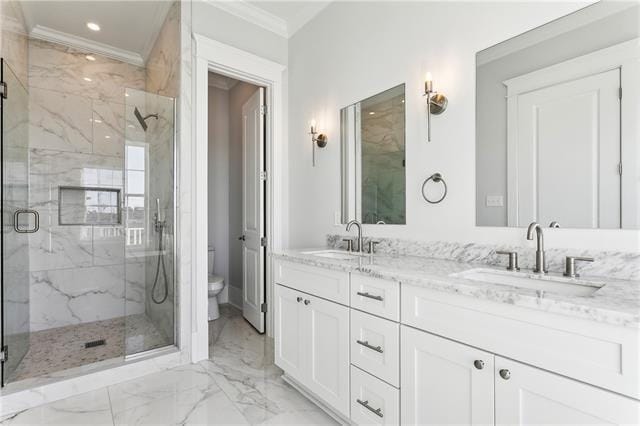 bathroom featuring toilet, vanity, ornamental molding, and walk in shower