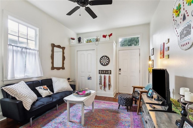 living room with wood-type flooring, a wealth of natural light, and ceiling fan