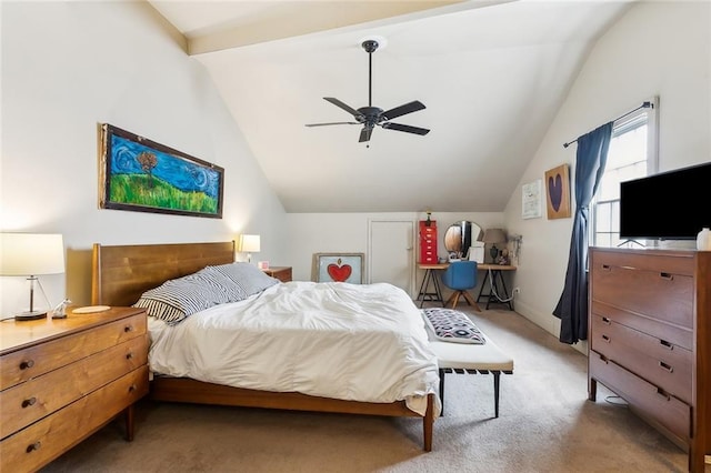 carpeted bedroom featuring vaulted ceiling and ceiling fan