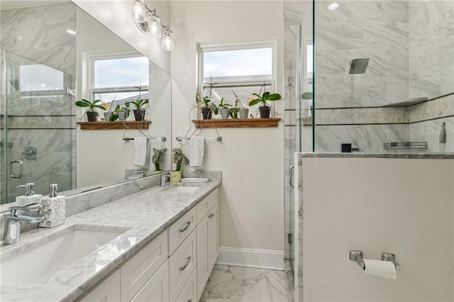 bathroom with an enclosed shower and vanity