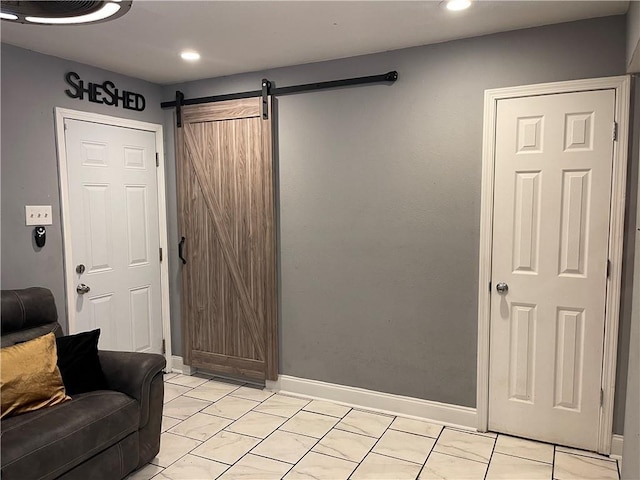 living room with a barn door