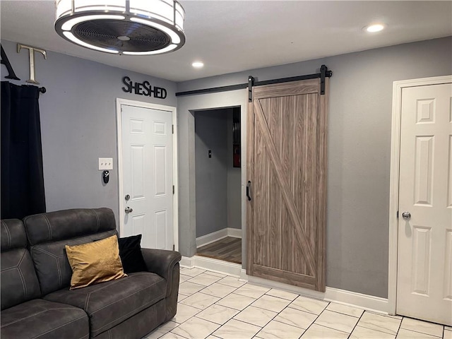 living room with a barn door