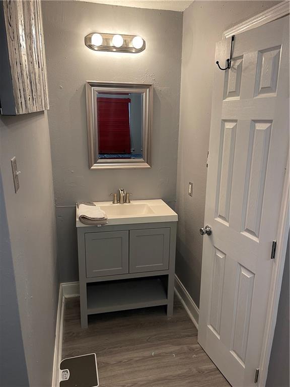 bathroom featuring hardwood / wood-style flooring and vanity