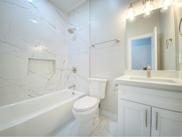 full bathroom with toilet, tiled shower / bath combo, and vanity