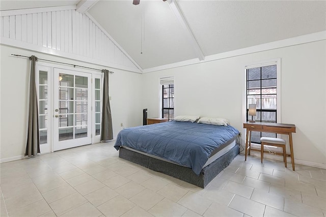 tiled bedroom with high vaulted ceiling, beam ceiling, french doors, and ceiling fan