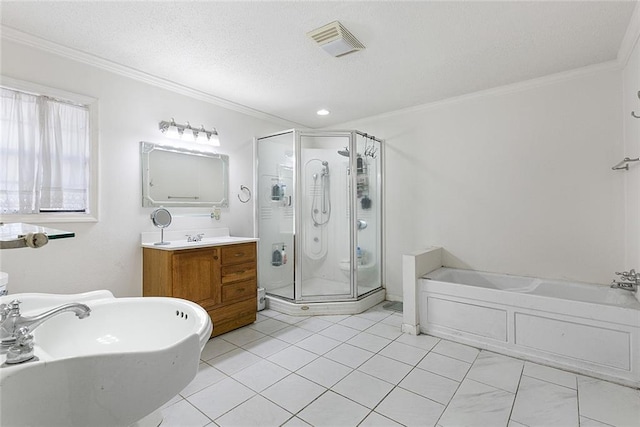 bathroom featuring vanity, independent shower and bath, crown molding, and a textured ceiling