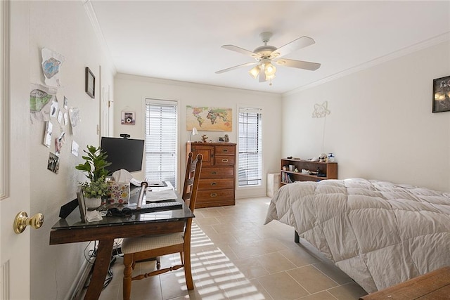 tiled bedroom featuring ceiling fan and crown molding