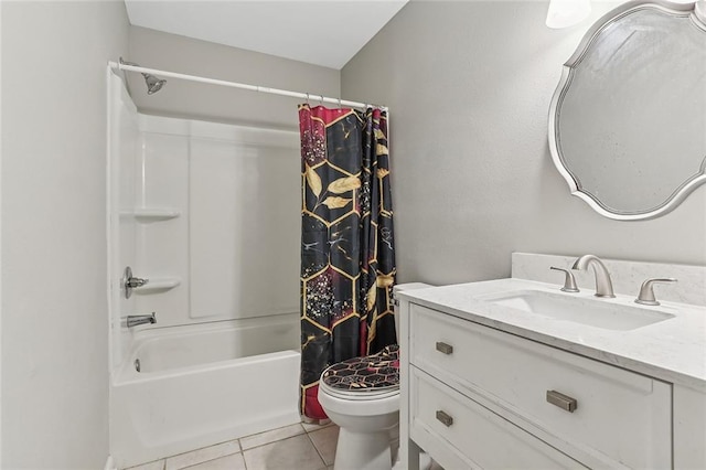 full bathroom with toilet, vanity, shower / tub combo with curtain, and tile patterned flooring