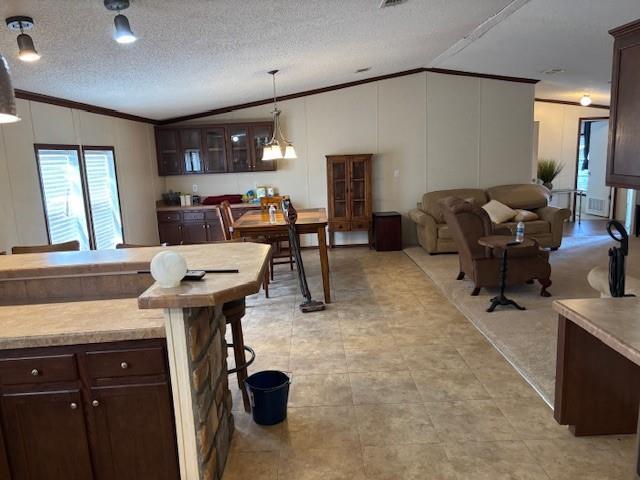 169 Pump Station Rd, Venice, LA 70091 - kitchen with lofted ceiling, pendant lighting, dark brown cabinets, and a textured ceiling