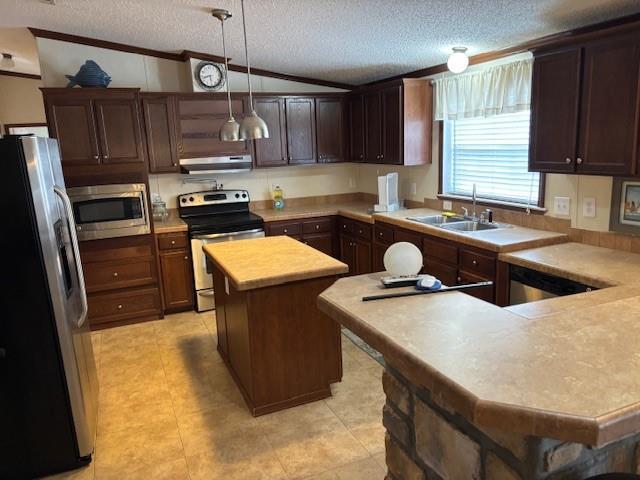169 Pump Station Rd, Venice, LA 70091 - kitchen with vaulted ceiling, pendant lighting, sink, a center island, and stainless steel appliances