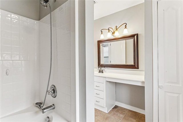 bathroom with tile patterned floors,  shower combination, and vanity