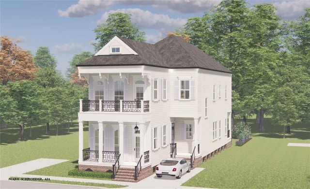 view of front of house with a front yard, a porch, and a balcony