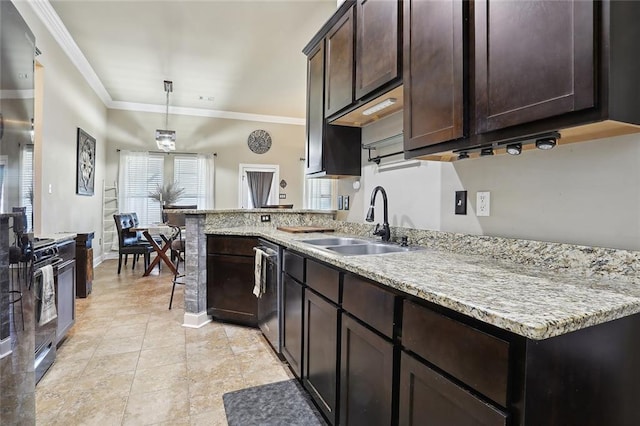 kitchen with hanging light fixtures, dishwasher, sink, and crown molding