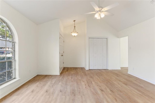 bonus room featuring ceiling fan, light hardwood / wood-style flooring, and lofted ceiling