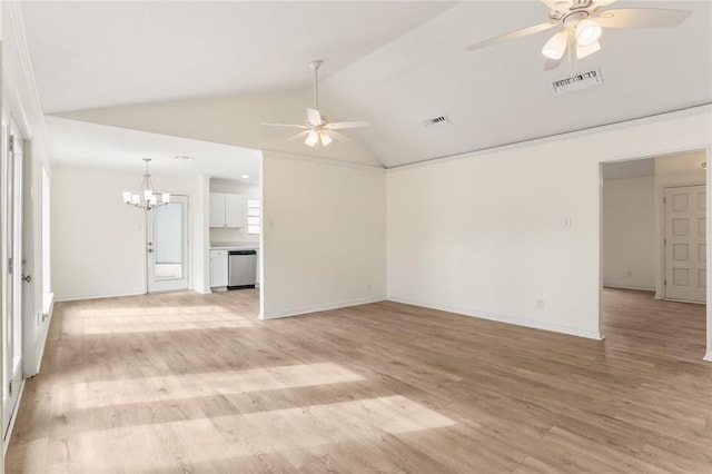 unfurnished living room featuring vaulted ceiling, light wood-type flooring, ceiling fan with notable chandelier, and visible vents