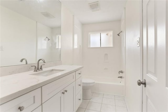 bathroom with tile patterned flooring, toilet, vanity, visible vents, and tub / shower combination