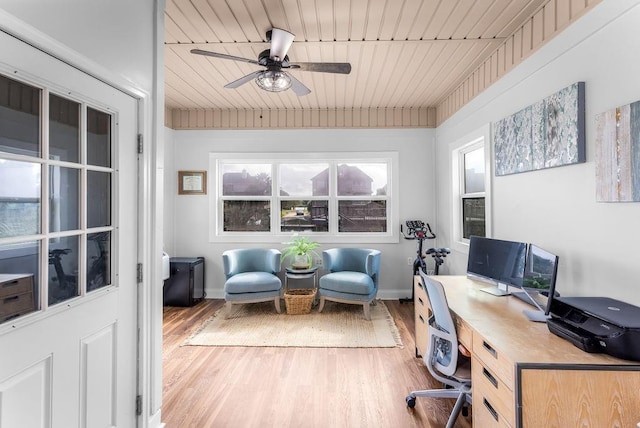 home office featuring wood ceiling, ceiling fan, light hardwood / wood-style flooring, and a wealth of natural light